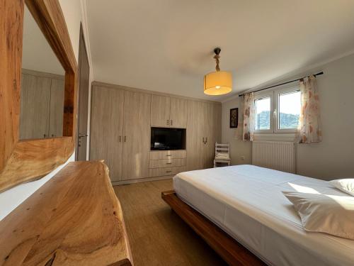 a bedroom with a large bed and a tv at Filoxenia Harmony Retreat in Keratea