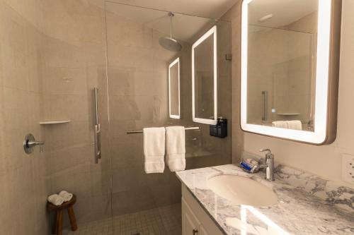 a bathroom with a shower and a sink and a mirror at Islander Resort in Islamorada