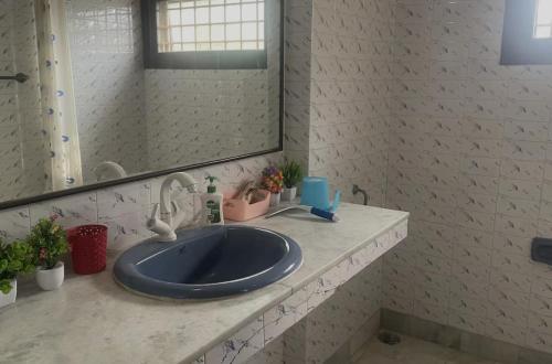 a bathroom with a blue sink and a mirror at Taj Waves - Royal Pool Paradise Retreat in Agra