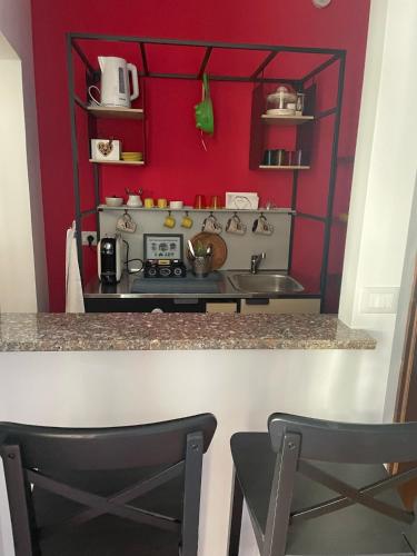 a kitchen with red walls and a counter with a sink at COZY Place 26 in Vercelli