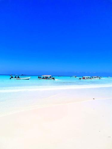 a beach with some boats in the water at Karibu House Paje in Paje