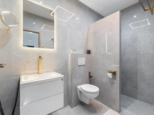 a bathroom with a white toilet and a mirror at Holiday Home Party & Friends Villa by Interhome 