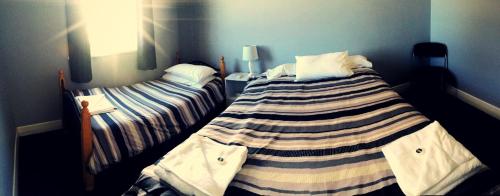 two twin beds in a blue room with at Kearsley Hotel in Cessnock