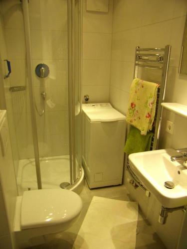 a bathroom with a shower and a toilet and a sink at Haus Lundsör-Barret by MoniCare in Seefeld in Tirol