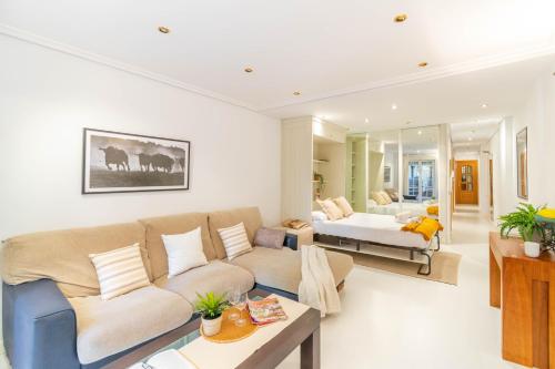 una sala de estar con un sofá y una cama en Acogedor apartamento en el corazón de Pamplona, en Pamplona