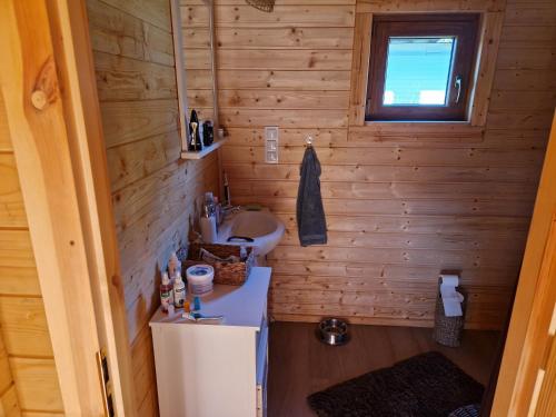 a small bathroom with a sink and a toilet at Magiczny domek in Drzewoszewo