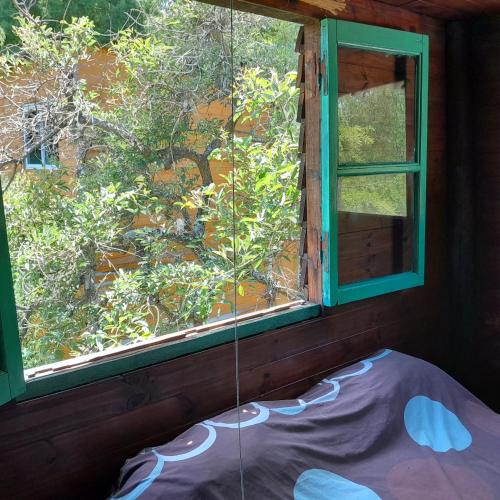 a window in a room with a bed next to it at Cabaña los sauces in Tigre