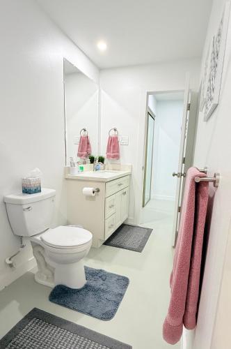 Un baño con inodoro, lavabo y espejo. en Cozy Studio in a Gated Community on Lake Conroe, en Montgomery