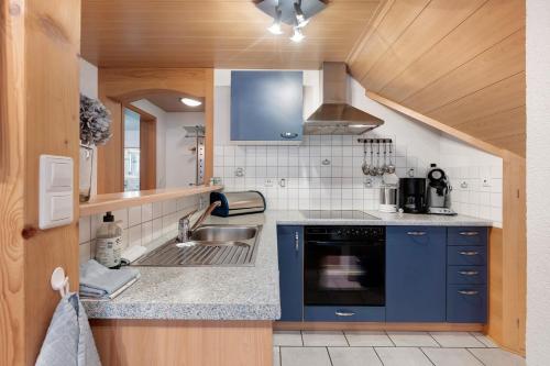 a kitchen with blue cabinets and a sink at Ferienwohnung Schweizer in Bernau im Schwarzwald