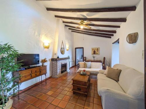 Una sala de estar con un sofá y un televisor. en Rural House in Antequera, en La Joya