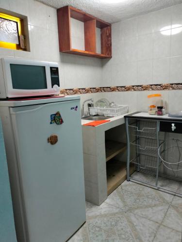 a kitchen with a microwave on top of a refrigerator at Departamento San Francisco. 4 personas in Zacatlán