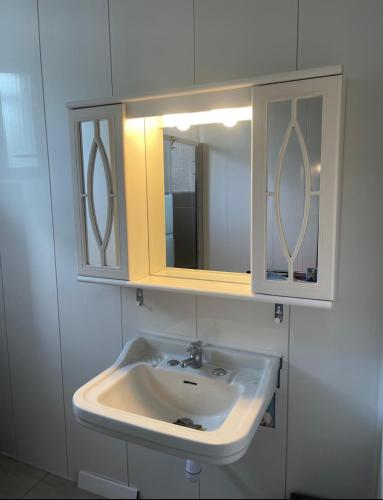 a bathroom sink with a medicine cabinet and a mirror at La Savoureuse in Belfort