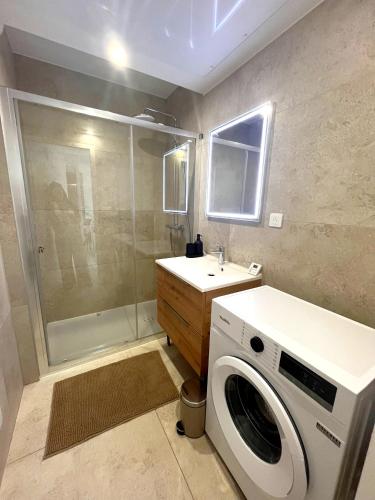 a bathroom with a washing machine and a sink at Magnifique appartement au dessus des halles de Hyeres, coeur de ville in Hyères