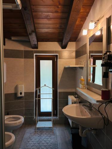 a bathroom with a sink and a toilet and a mirror at Agriturismo Cornei da Nadia in Collio