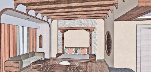 a drawing of a living room with a couch at Temple Bell Boutique Hotel & Spa in Pokhara