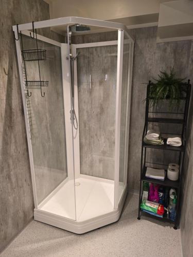 eine Dusche mit Glaskabine im Bad in der Unterkunft Flott moderne leilighet meget sentralt i vakre Sørbyen i Brønnøysund for inntil 5 pers in Brønnøysund