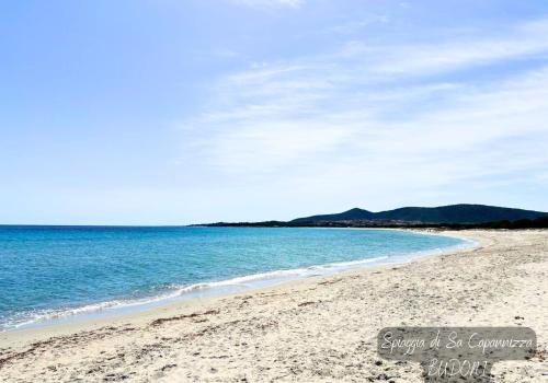 タナウネッラにあるAlba Vista Mare - Apartment mit Meerblick und Pool Budoni, Sardinienの青い海と山々を背景にした砂浜