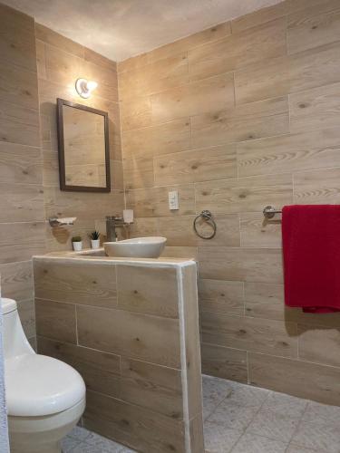 a bathroom with a white toilet and a sink at Luum Suites Taxco in Taxco de Alarcón