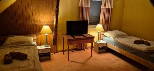 a bedroom with two beds and a tv and two lamps at Ruhige Ferienwohnung mit Balkon und Terrasse nahe Kassel in Helsa