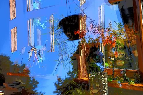 a painting of a window with a view of a street at Pilava in Roja