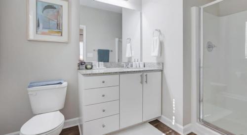 ein Badezimmer mit Toilette, Waschbecken und Dusche in der Unterkunft Upscale King 3BR Townhouse Pineville in Charlotte