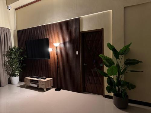 a living room with a television and a table with a plant at International Haven Barili in Barili