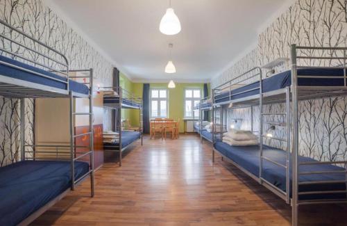 Habitación con 4 literas y mesa. en Geis House, en Santa Cruz de Bezana