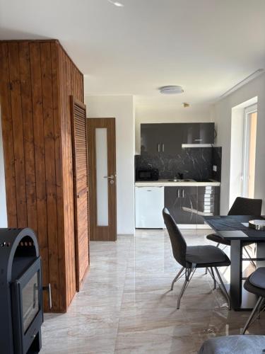 Poříčí nad SázavouにあるCountryside Apartments 252のテーブルと椅子、キッチンのあるリビングルーム