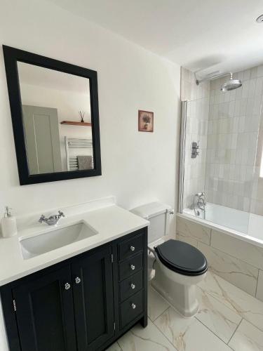 a bathroom with a sink and a toilet and a mirror at Olive Tree Brighton-Bright & Spacious 4 bedroom home with Garden & Free parking in Brighton & Hove