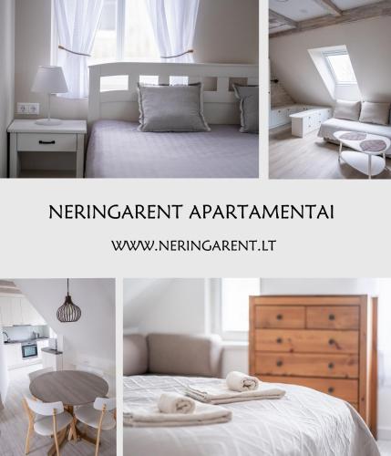 a collage of images of a bedroom with a bed and a table at Neringarent Apartamentai in Juodkrantė