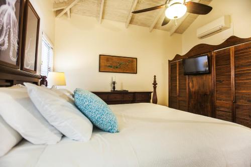 a bedroom with a bed with white pillows and a television at Endless Summer Villa in Tortola Island
