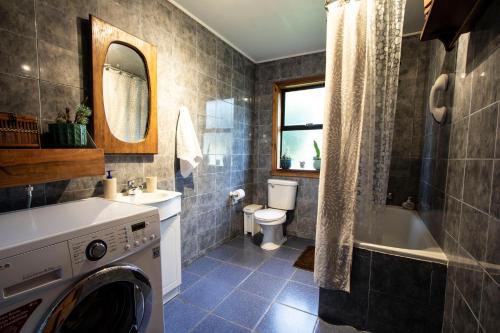 a bathroom with a washer and dryer in it at Hostal Boutique El Vergel Azul in Castro