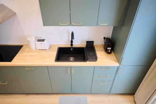 a small kitchen with blue cabinets and a sink at Apartment Berthelot 5 in Brussels