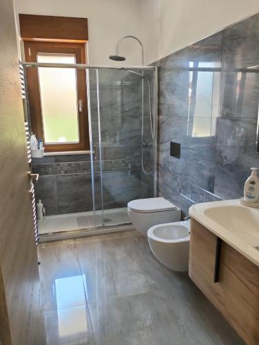 Un baño con ducha, inodoro y lavabo. en casa vitmont, en Castel di Sangro