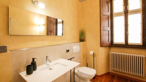een badkamer met een wastafel, een toilet en een spiegel bij Casa di Sant'Anselmo Aosta - Le Volte in Aosta