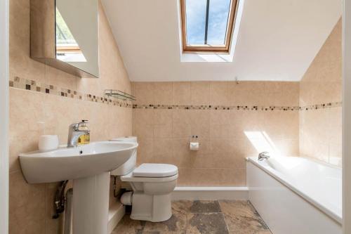 a bathroom with a sink and a toilet and a bath tub at Bryn Eithin Bach in Derwen