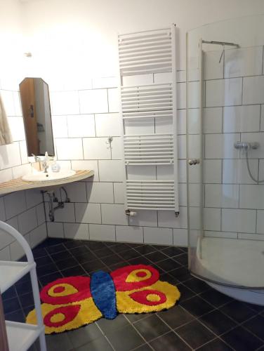 a bathroom with a shower and a rug on the floor at Schöne Fewo für Naturliebhaber in Jabel