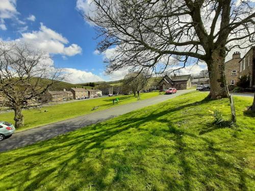 a grassy area with a tree and a street at Upper Cherry Bank in Bainbridge