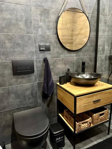 a bathroom with a sink and a toilet and a mirror at Apartmán Bulgaria in Prešov