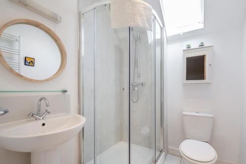 a bathroom with a shower and a toilet and a sink at Manaros in Betws-y-coed