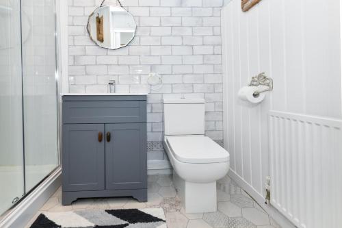 a bathroom with a toilet and a sink and a mirror at 7 Marina Cottages in Pwllheli