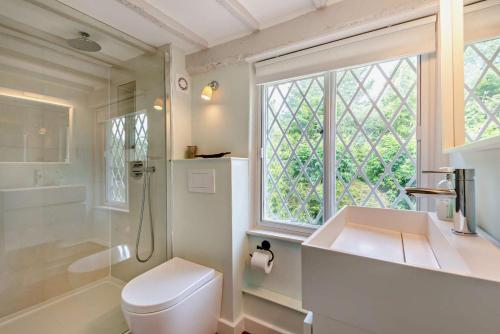 a bathroom with a toilet and a sink and a window at Corner Cottage - Kent in Benenden