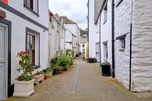 an alley with potted plants and buildings at Mor Apartment in Looe