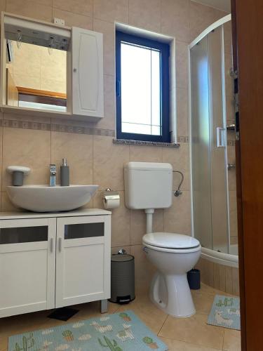 a bathroom with a white toilet and a sink at Apartment Nina with private pool in Nova Vas
