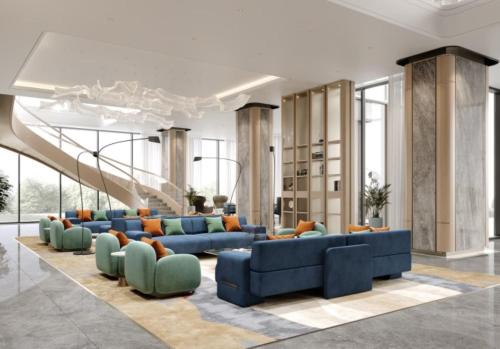 a living room with blue couches and a rug at Crowne Plaza Dushanbe by IHG in Dushanbe