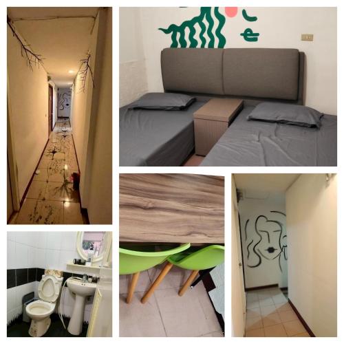 a collage of pictures of a bedroom and a room at 雅斤-淡水 in Lun-ting