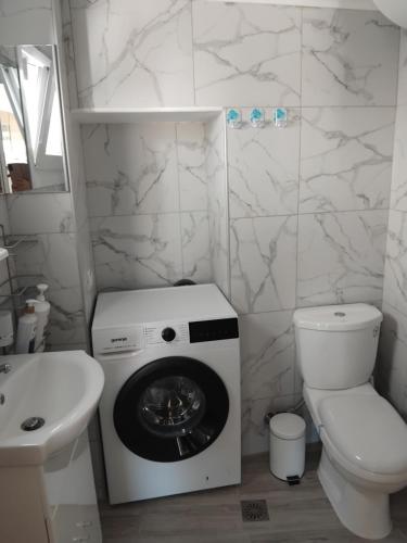 a bathroom with a washing machine and a toilet at Rania's Seaview Corner in Samos