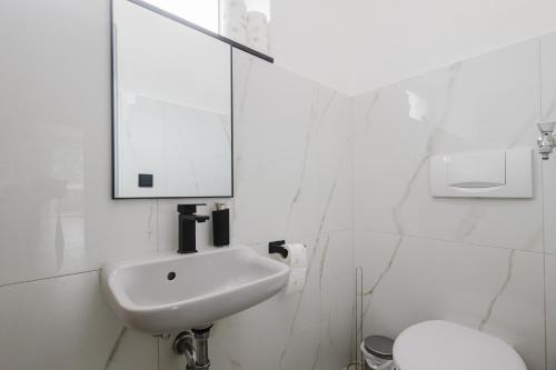 a white bathroom with a sink and a toilet at Stilvolles Appartement mit Blick auf das Dreiflüsse-Eck in Passau