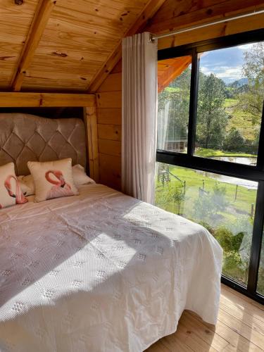 a bedroom with a bed with a large window at Rancho Áustria - Hospedagem Exclusiva in Treze Tílias
