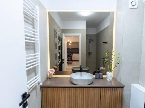 a bathroom with a round sink on a counter at Apartament Lara mamaia in Mamaia Nord